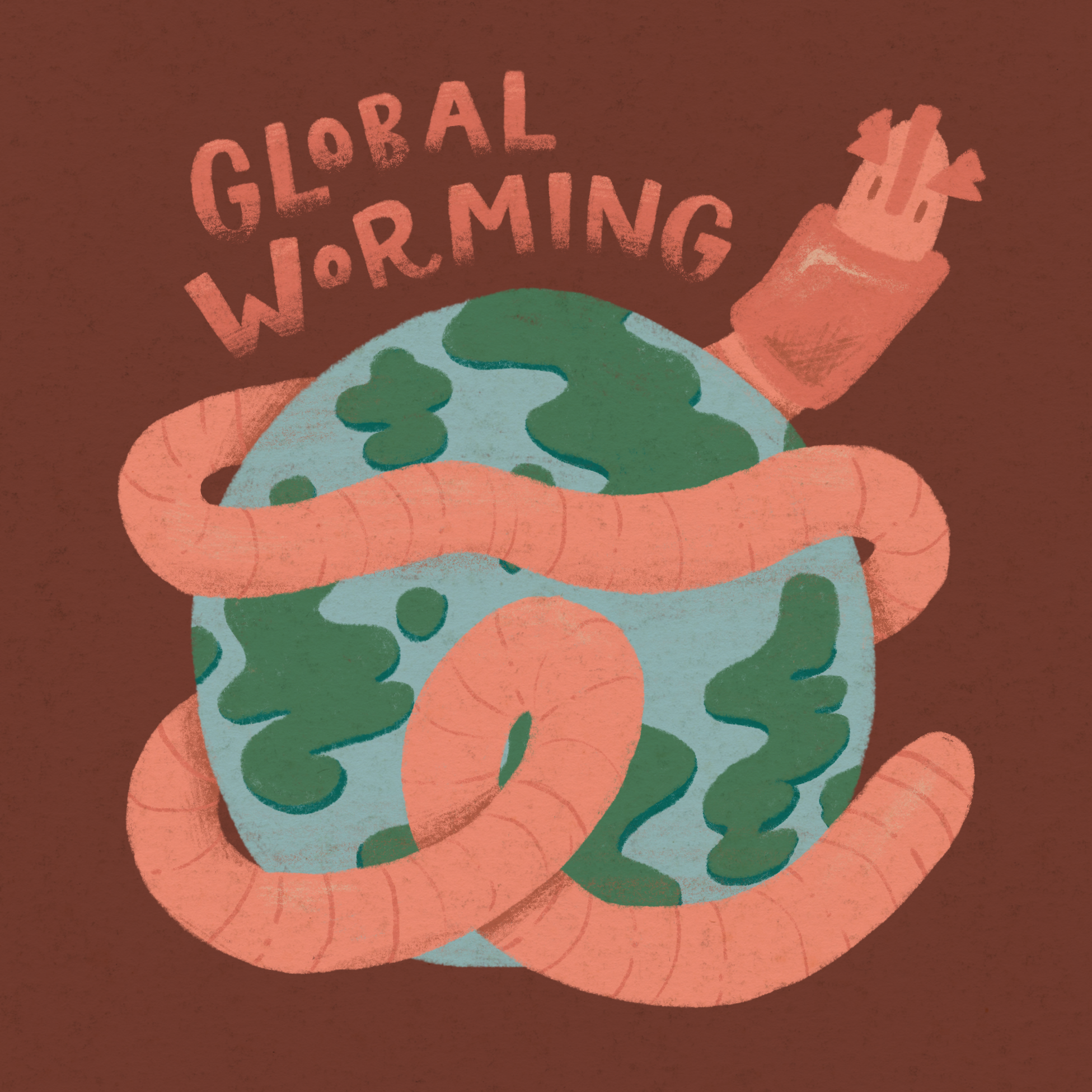 Illustration of the Earth with a large pink worm wrapped around it and an electrical plug attached to the worm, with the text 'Global Warming' above.