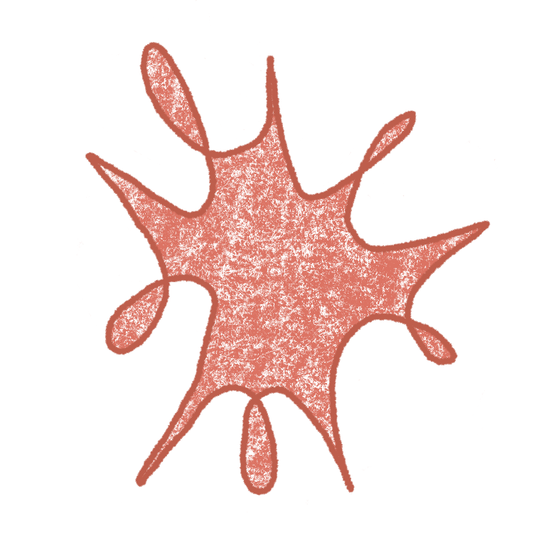 A reddish-brown paint splatter with irregular edges and varying droplet sizes.