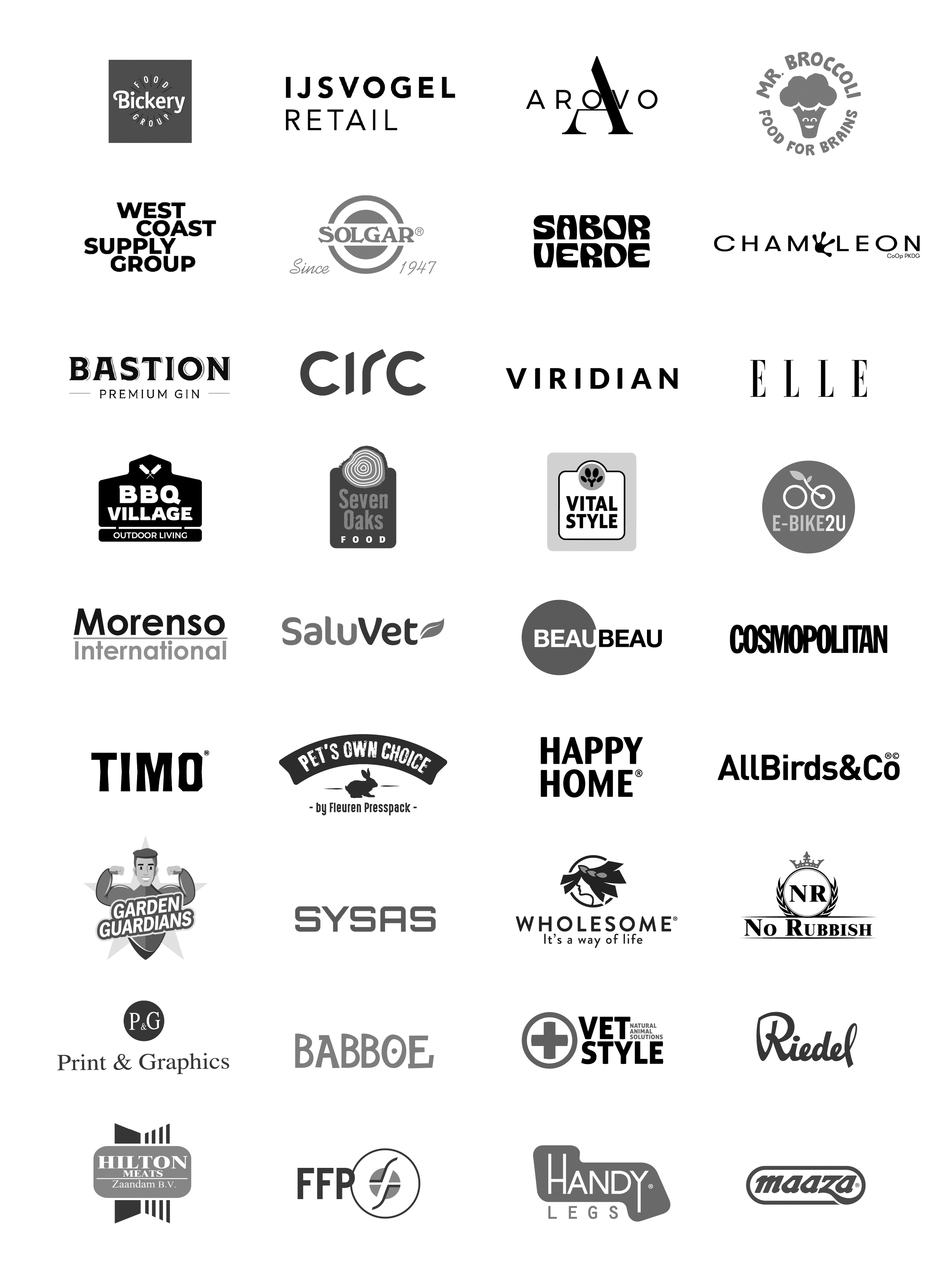 Collection of various brand logos including "Bickery," "IJSVOGEL Retail," "Arovo," and others. Logos feature diverse designs, fonts, and icons representing different companies and industries.