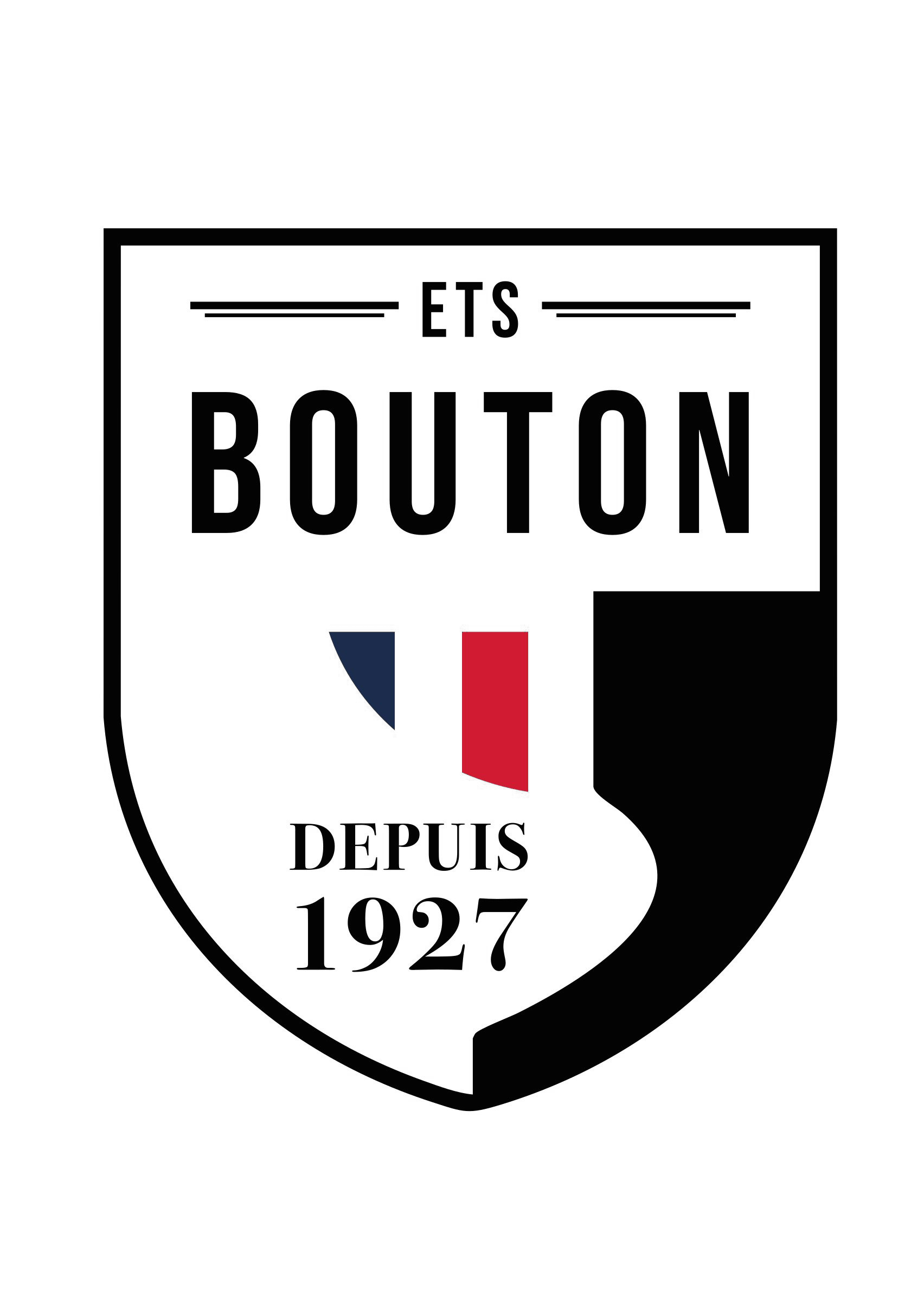 Le logo des Ets Bouton, avec une enclume représentna le travail de l'acier, et le drapeau Français représentant<ant notre implantation locale en France et le made in France.