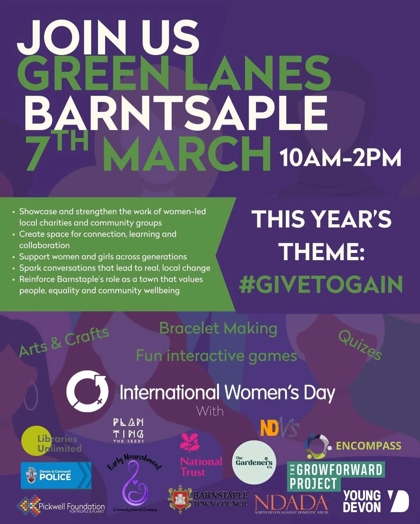 Join us tomorrow from 10am in Barnstaple&rsquo;s  @greenlanesshopping 

Can&rsquo;t wait to catch up with many of the awesome North Devon organisations celebrating #IWD26