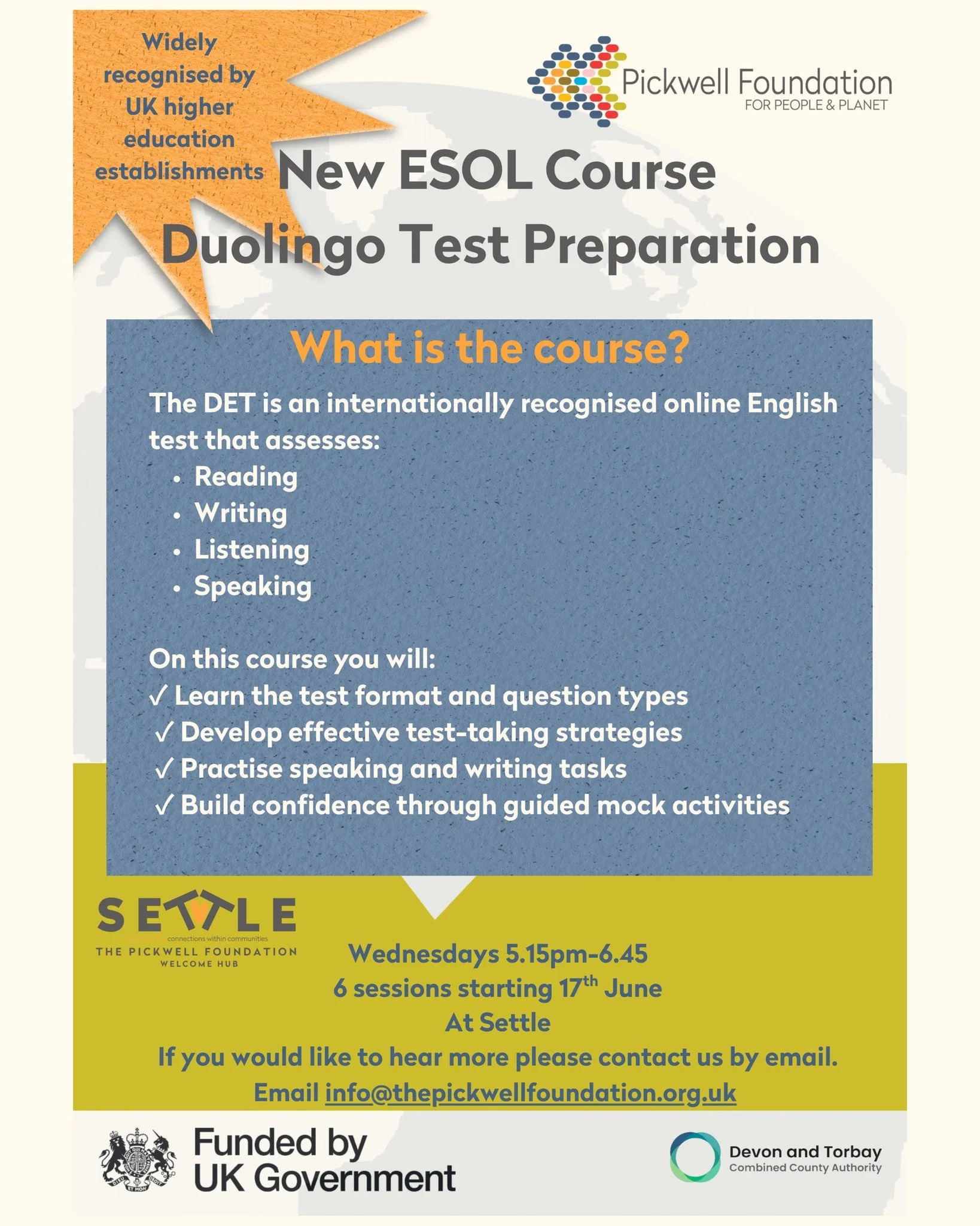 We&rsquo;re excited to launch a new ESOL (English for speakers of other languages) class at The Pickwell Foundation's, welcome hub  Settle in Barnstaple.

This course supports learners to prepare for the Duolingo English Test (DET)&mdash;an internati