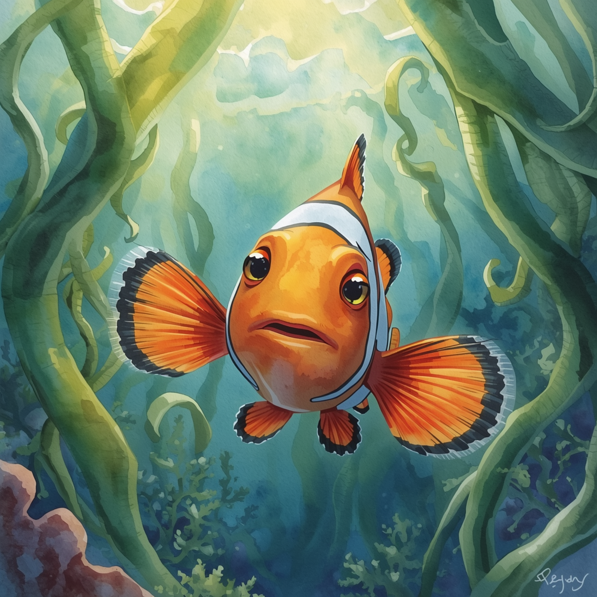 A colorful digital painting of a clownfish swimming among green aquatic plants with sunlight filtering through the water.