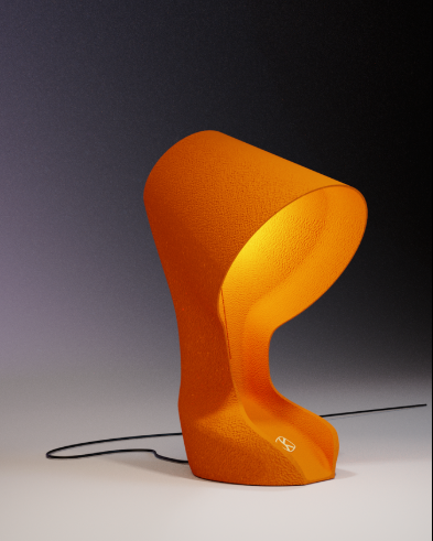 Orange modern 3d printed table lamp with a unique curved design and internal lighting.