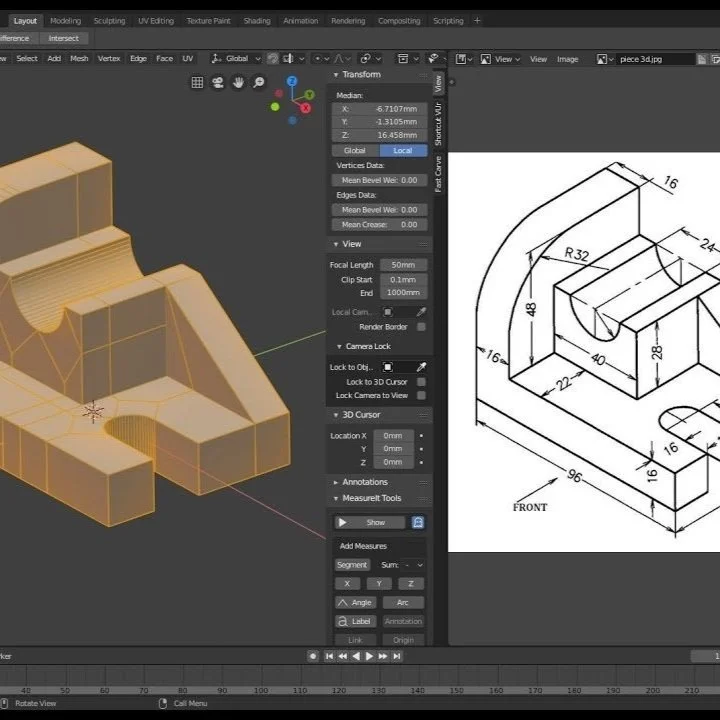 Screenshot of 3D modeling software showing a digital 3D model of an object on the left and a technical drawing with dimensions on the right.