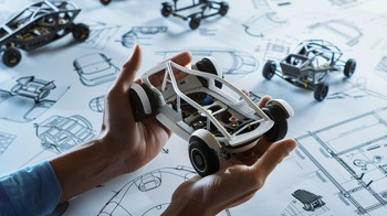 Person holding a small 3d printed white car model over technical drawings of cars and vehicle designs.
