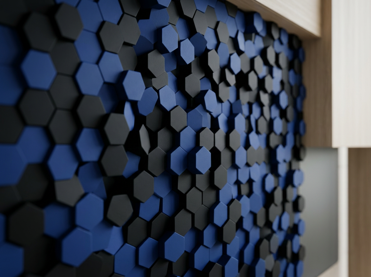 Close-up of a decorative wall with three-dimensional black and blue hexagonal tiles arranged in a pattern.