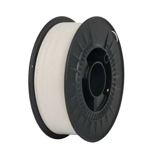 Spool of white 3D printer filament on black plastic reel