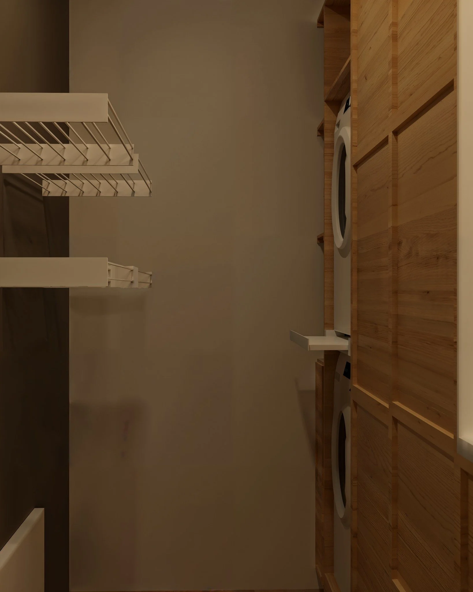 Optimisation et discr&eacute;tion 🧼
Une buanderie &agrave; la fois fonctionnelle et esth&eacute;tique, o&ugrave; chaque centim&egrave;tre compte.

#r&eacute;novation  #conceptionr&eacute;alisation #maison #buanderie #facadechene #3D #&eacute;tendoir