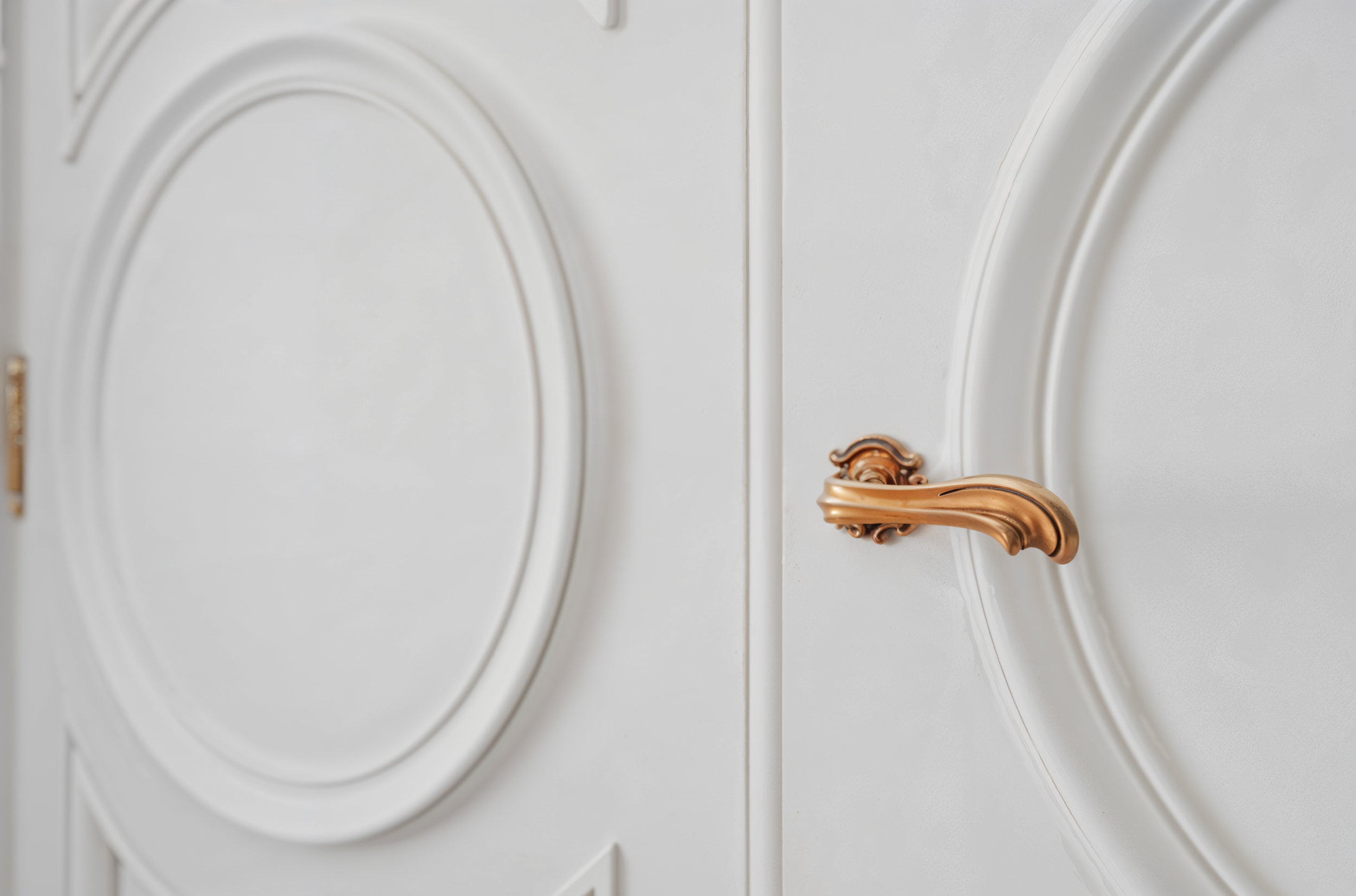 Détail d'une porte intérieure ancienne conservée, avec moulures décoratives blanches et poignée traditionnelle dorée.