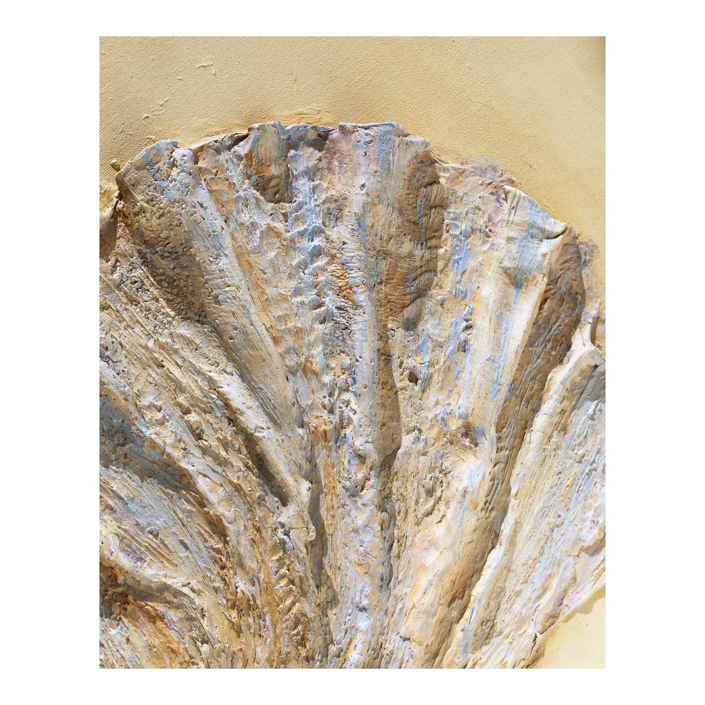 Sheltered &ndash; one of five shells from the Endured Forms series that will be presented @theotherartfair 5&ndash;8 March 2026 
Clay, seashells, acrylics, chalk and oil pigment - Framed in natural obeche wood 
87cm &times; 62.5 cm 

The Other Art Fa