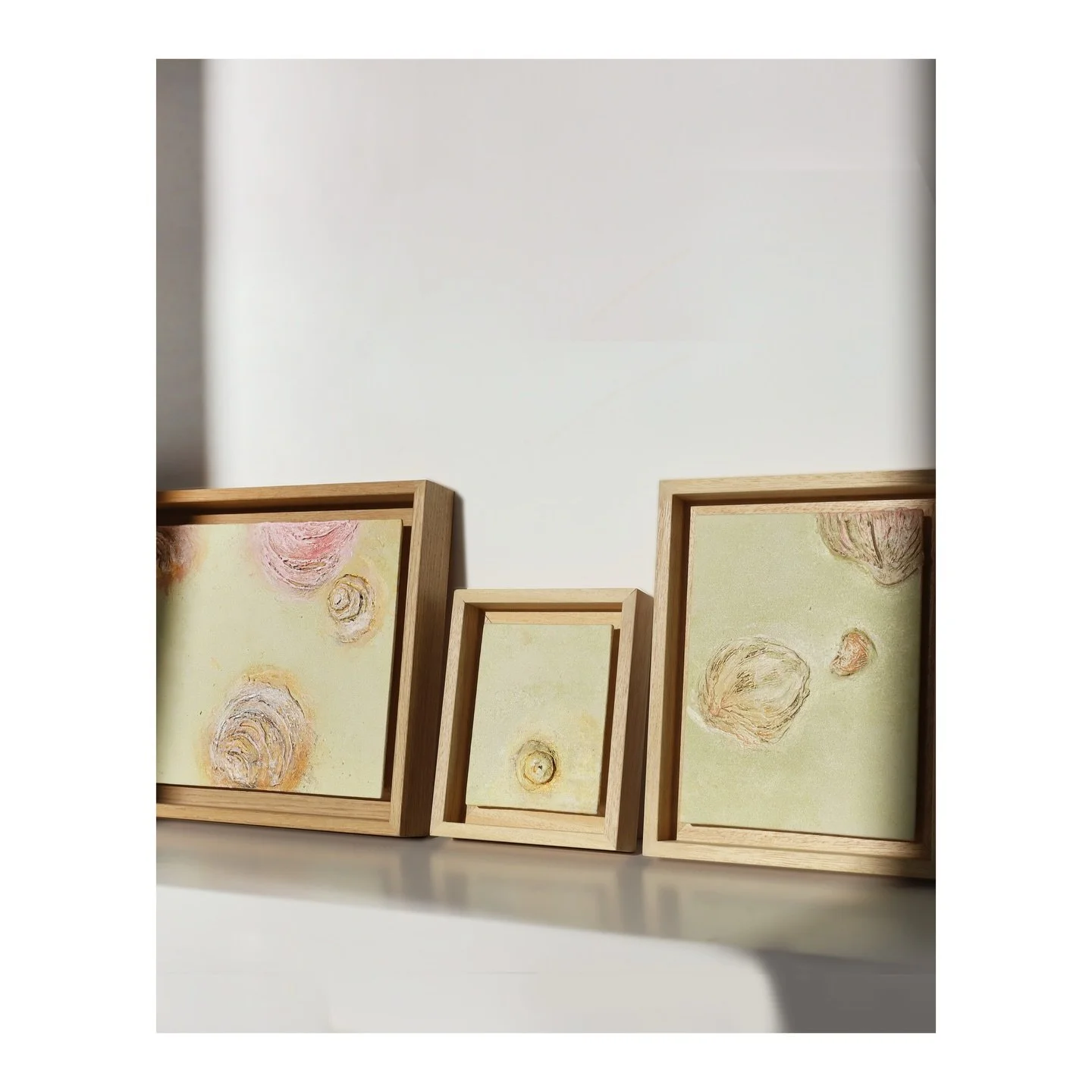 Three small shells from Endured Forms&mdash; 
intimate studies of pattern, protection, and the ocean&rsquo;s slow, relentless hand. 
Mixed media on board: clay, seashells, acrylics, chalk, oil pigment 
Framed in natural obeche wood 

Now on its way t