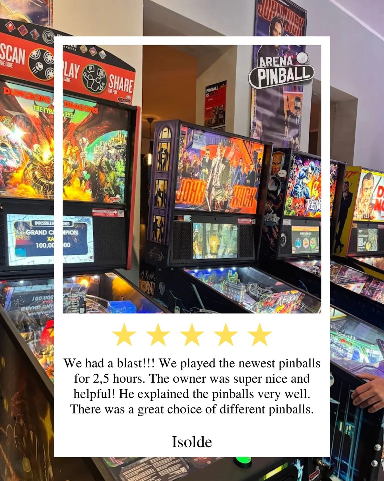 ⭐⭐⭐⭐⭐

&ldquo;We had a blast!!! We played the newest pinballs for 2,5 hours. The owner was super nice and helpful! He explained the pinballs very well. There was a great choice of different pinballs.&rdquo;

Thank you Jack for this amazing review! 🙌