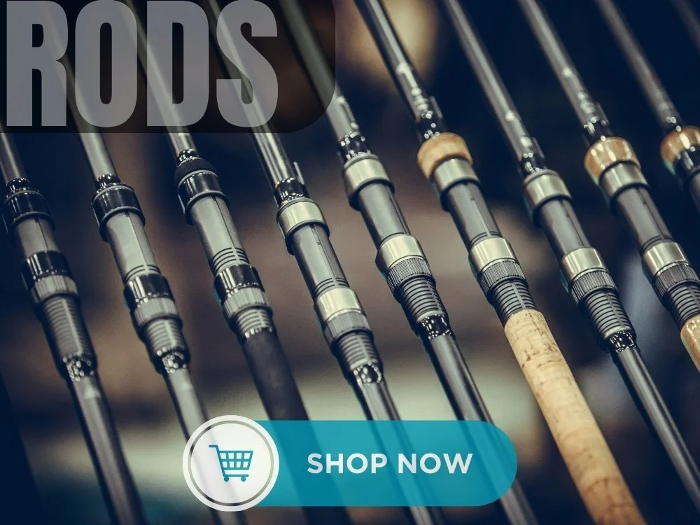 A row of fishing rods lined up vertically, with a shopping cart icon and "Shop Now" button overlay at the bottom.