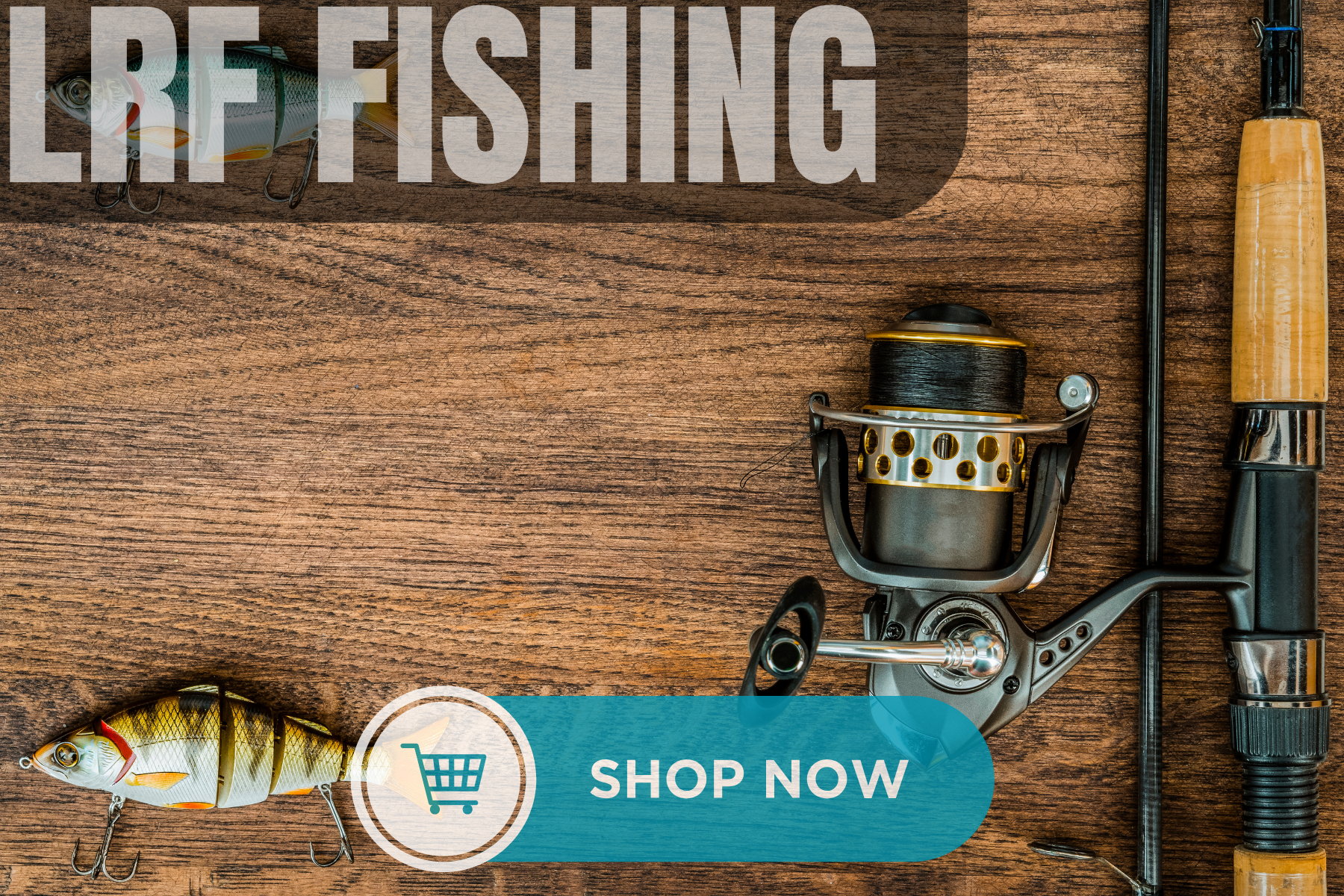 Fishing rod, reel, and a fishing lure on a wooden surface, with overlay text that says 'Endless FISHING' and a blue button with 'Shop Now' and a shopping cart icon.