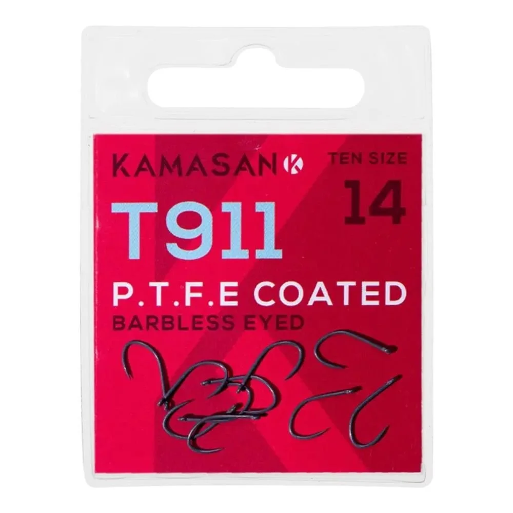 Kamasan T911 PTFE Barbless Eyed Fishing Hooks – 10 Pack - Choose Size