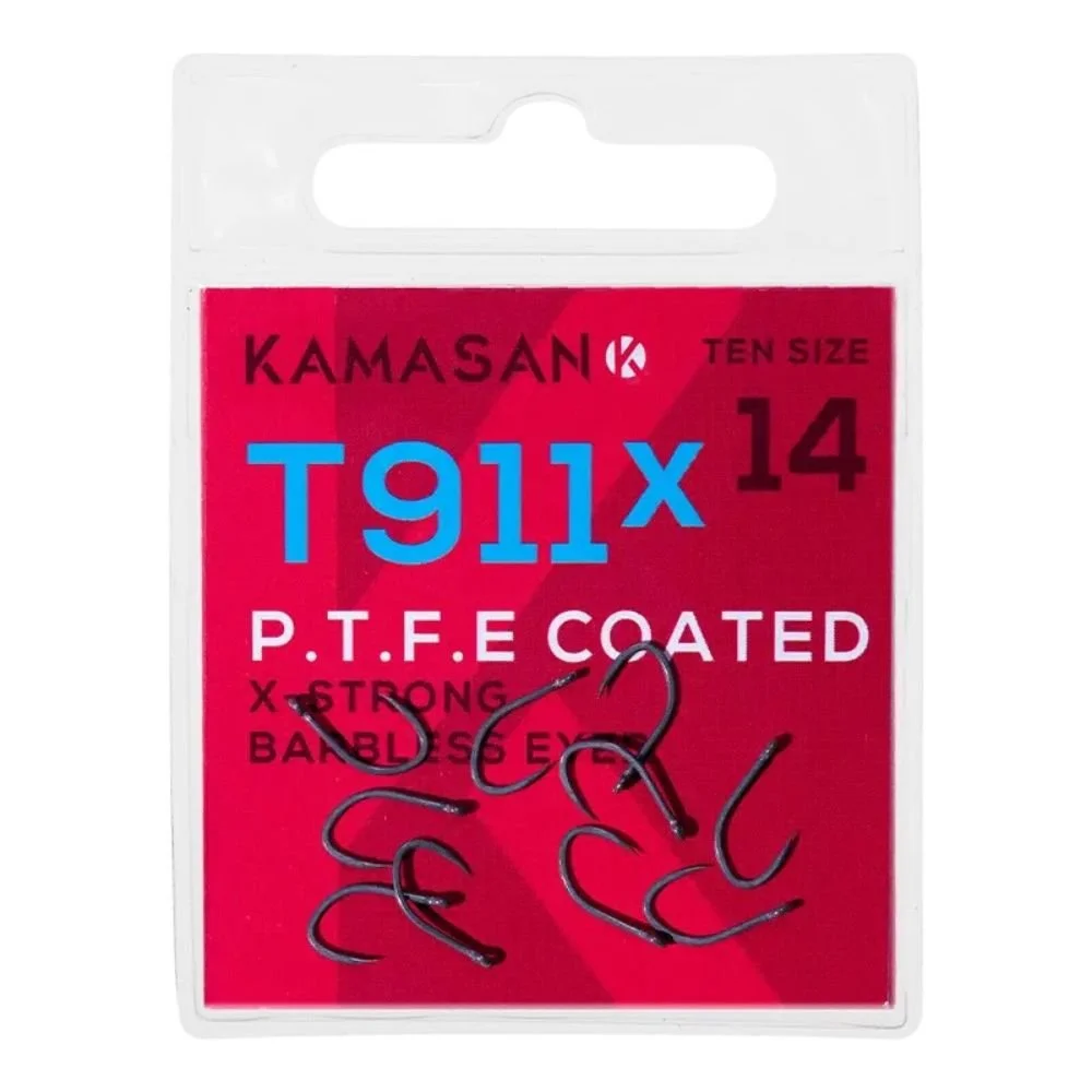 Kamasan T911x PTFE Barbless Eyed Fishing Hooks – 10 Pack - Choose Size