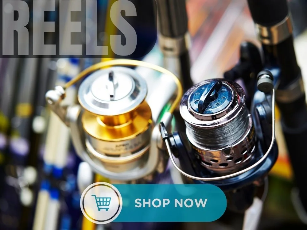 Close-up of fishing reels on fishing rods, with a "Shop Now" button and a shopping cart icon overlayed.