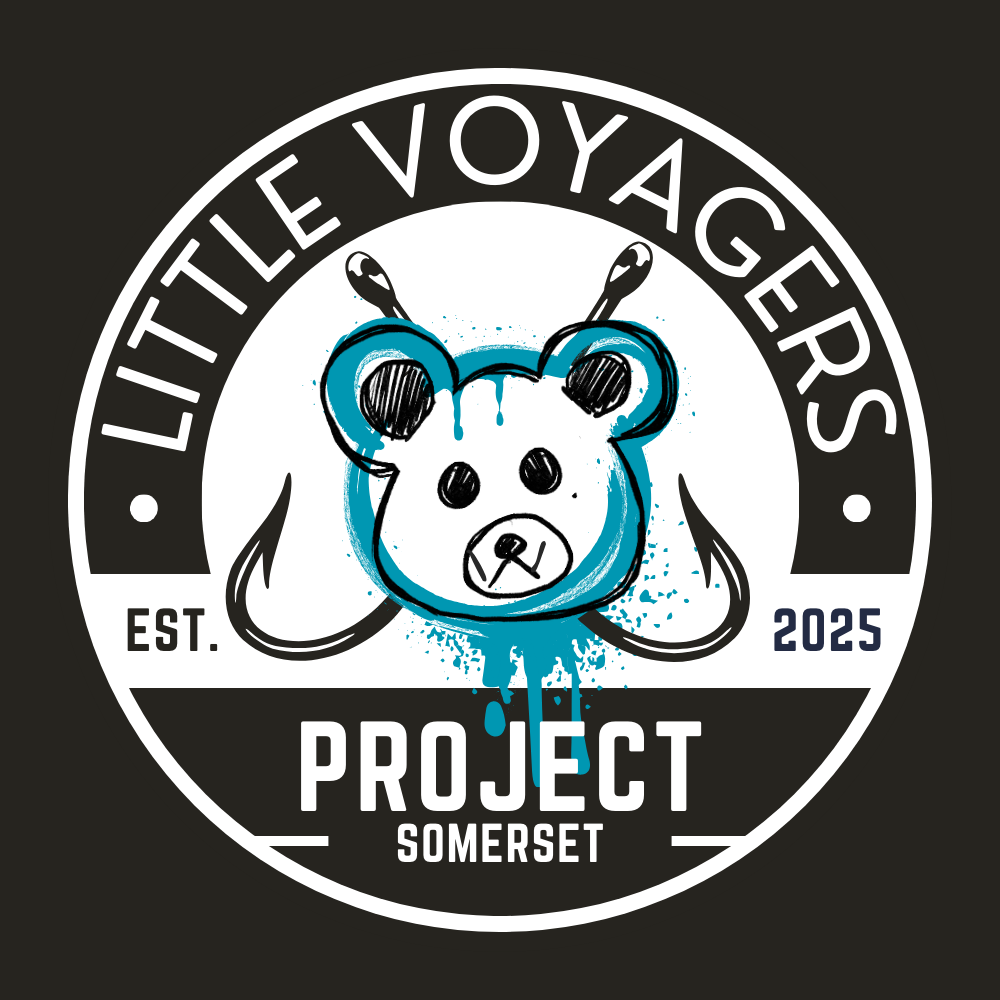 A logo featuring a bear's face with blue paint splatters, the words "LITTLE VOYAGERS PROJECT SOMERSET," established 2025.