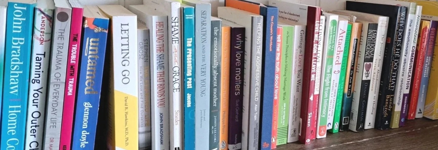 A row of books on a shelf, featuring titles on psychology, emotional intelligence, parenting, mental health, and literature.