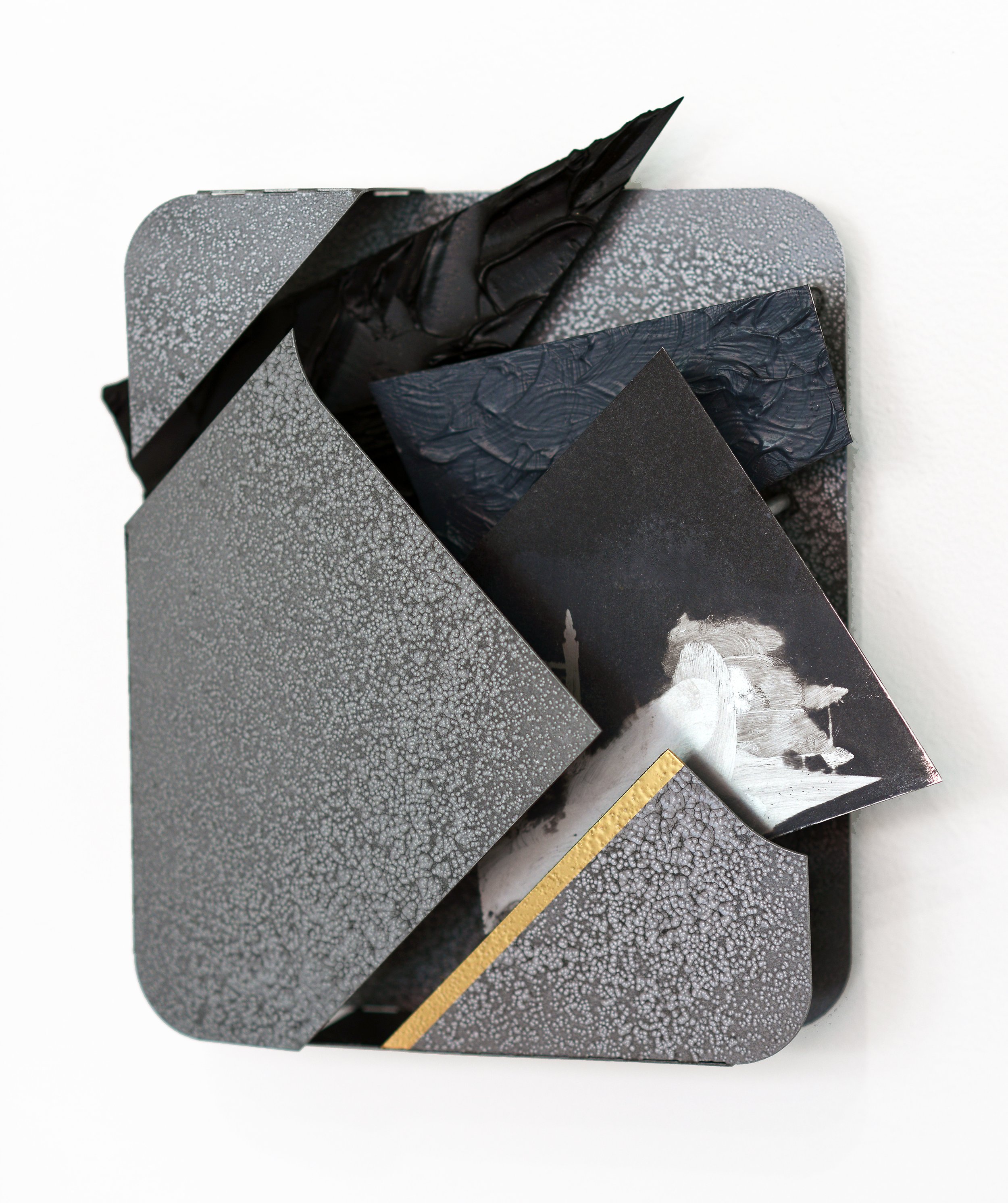 Étude in Pewter (Ghost), 2021. Folded, perforated aluminium, aerosol, acrylic, laser etching, 29 x 27 x 8 cm.