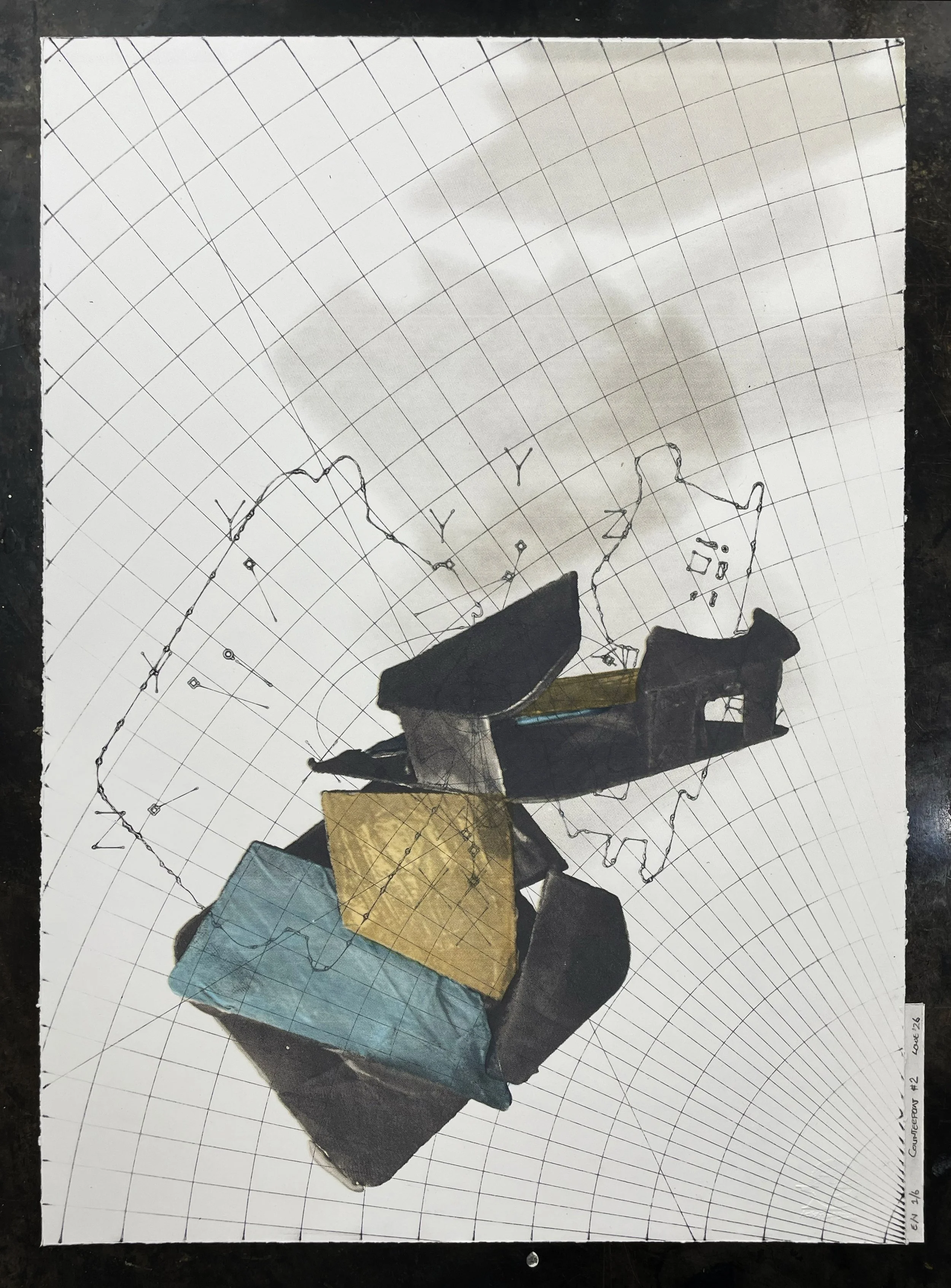 Counterpoint #2, 2026. Drypoint, silkscreen and ink on paper. Variable edition of 6  - 42 x 59.4 cm.
