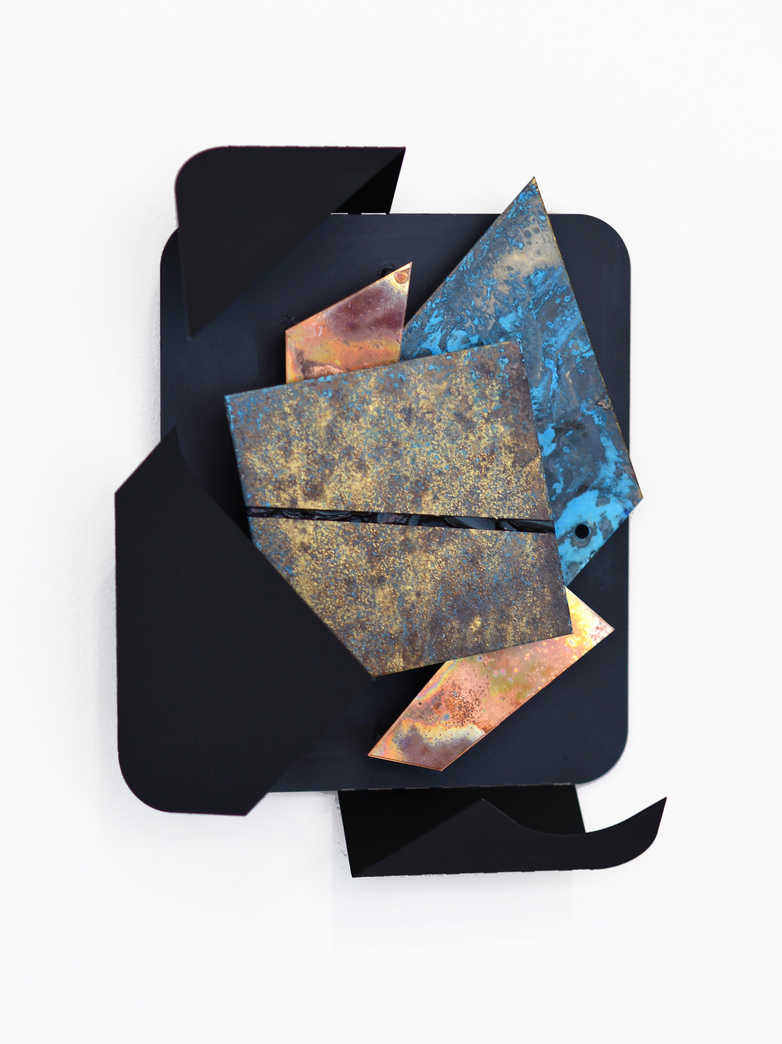 Etude in Obsidian (Elegy), 2021. Folded, perforated aluminium, aerosol, acrylic, patinated brass and copper - 31 x 23 x 13 cm.