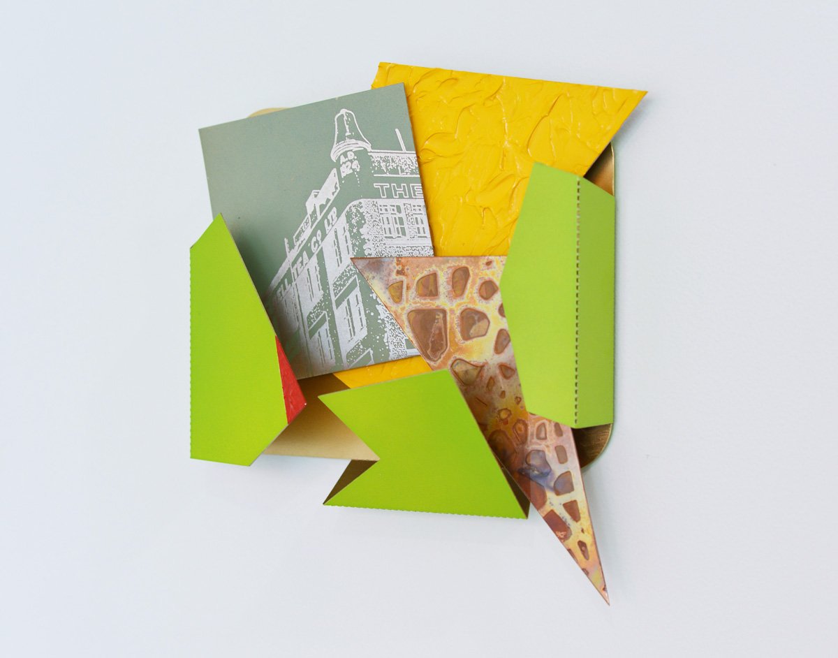 Étude in Citrine (Bell), 2021. Folded, perforated aluminium, aerosol, acrylic, laser etching, etched and patinated copper, 26 x 25 x 8 cm.