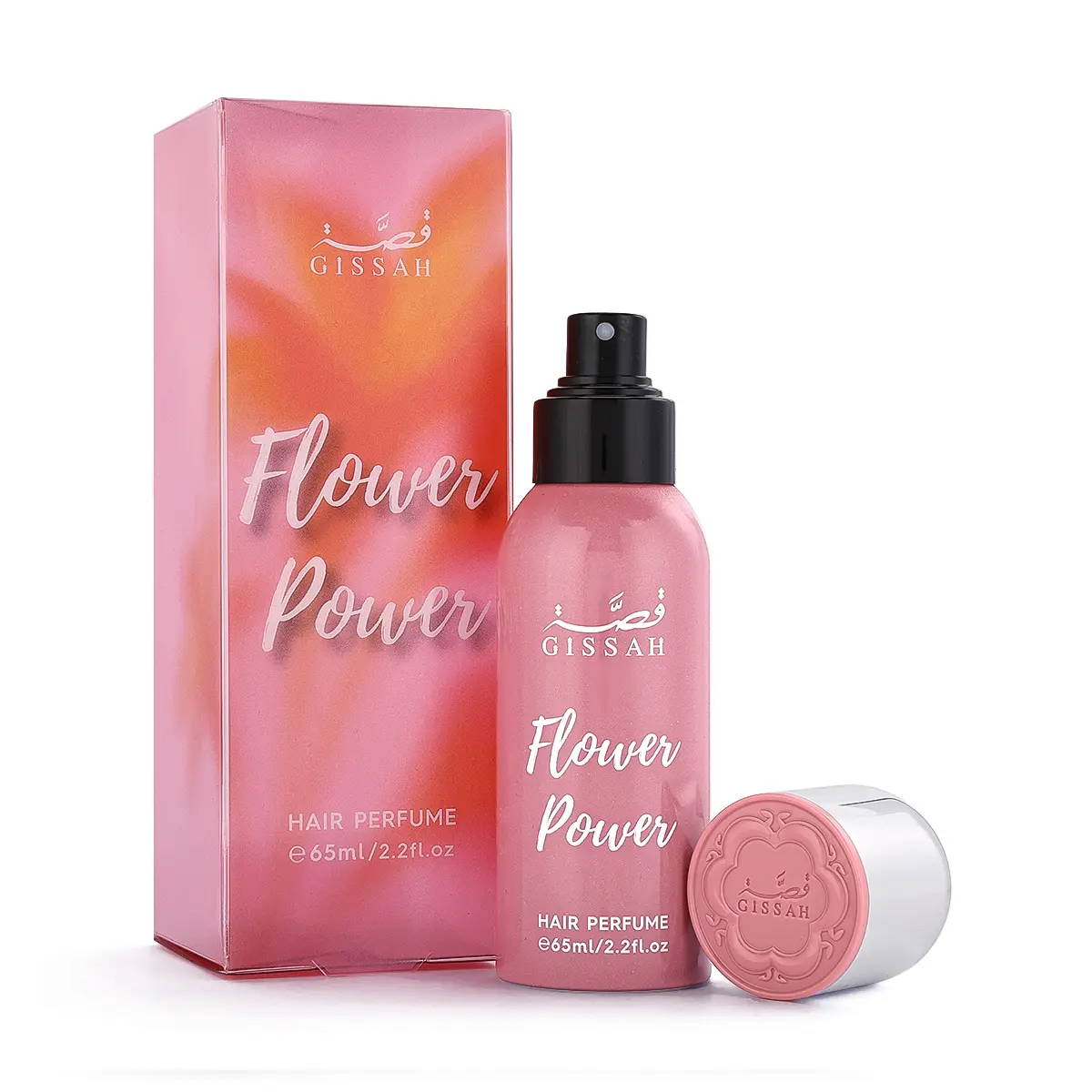 Gissah Flower Power hair mist 65ml displayed next to its box, floral luxury hair perfume UK