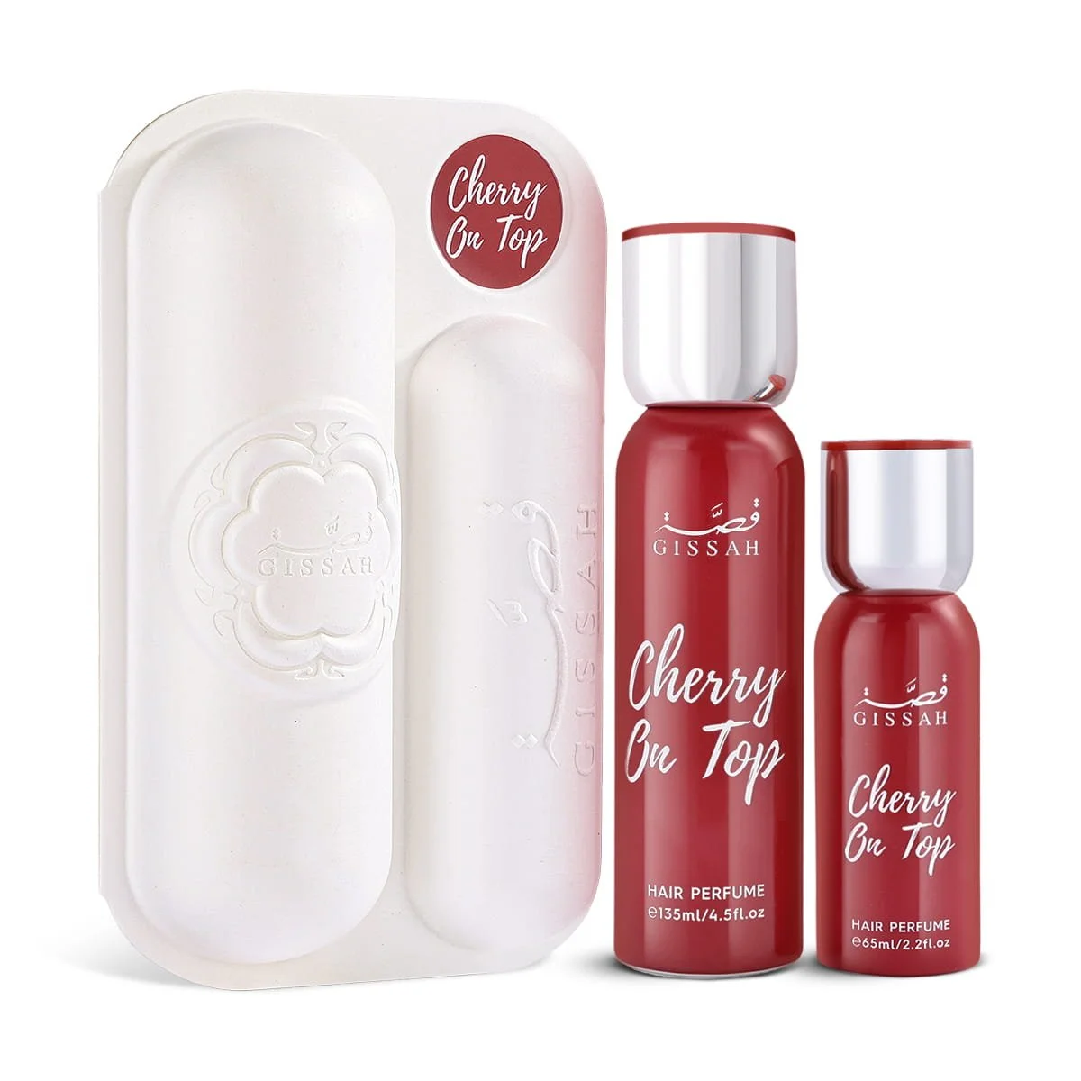 Gissah Cherry On Top hair mist bottles in front of luxury case, feminine hair fragrance UK