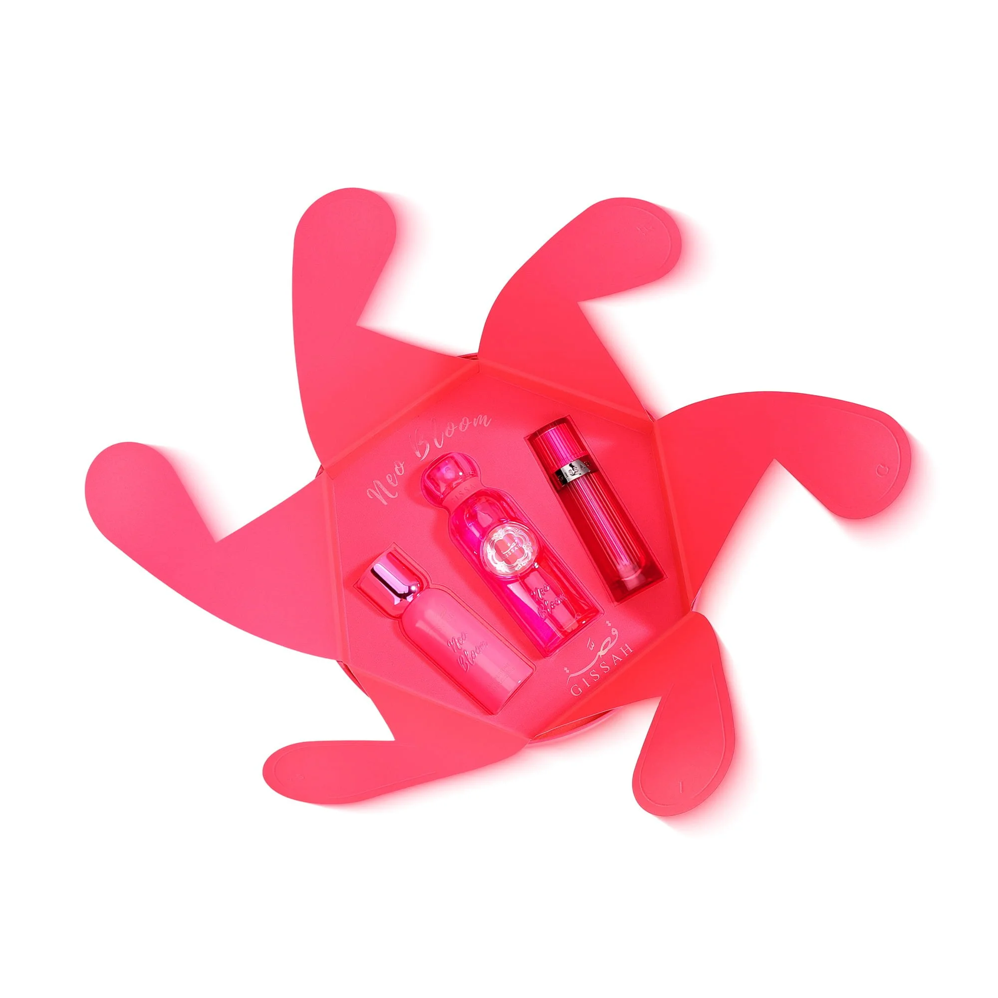 Gissah Neo Bloom fragrance set displayed inside pink luxury case