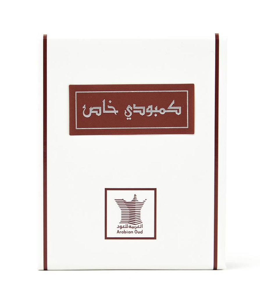 Arabian Oud Super Cambodian Dehn Oud oil displayed in front of box, luxury oud perfume UK