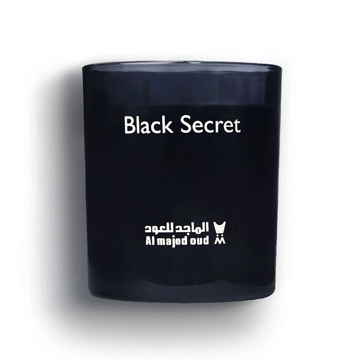 Al Majed Oud Black Secret wax candle 300g on white background, double wick scented candle UK