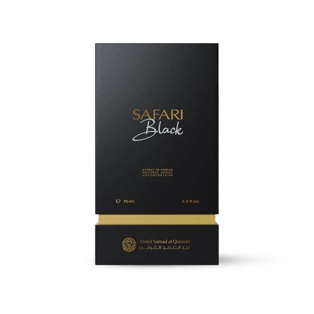 Safari Black perfume box by Abdul Samad Al Qurashi, elegant black luxury fragrance packaging from Al Rashid Galleria UK