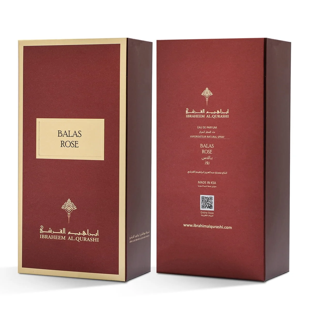 Front and back of IBRAQ Balas Rose box in one photo, premium packaging UK