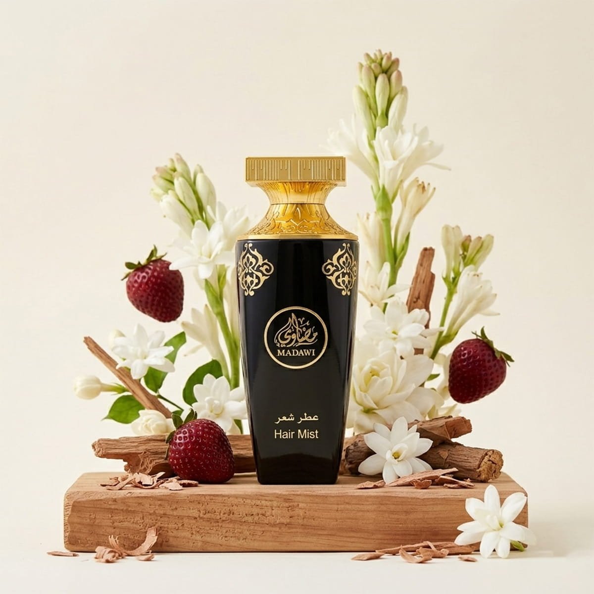 Arabian Oud Madawi Hair Mist with pineapple, orange blossom, patchouli and musk luxury fragrance poster UK