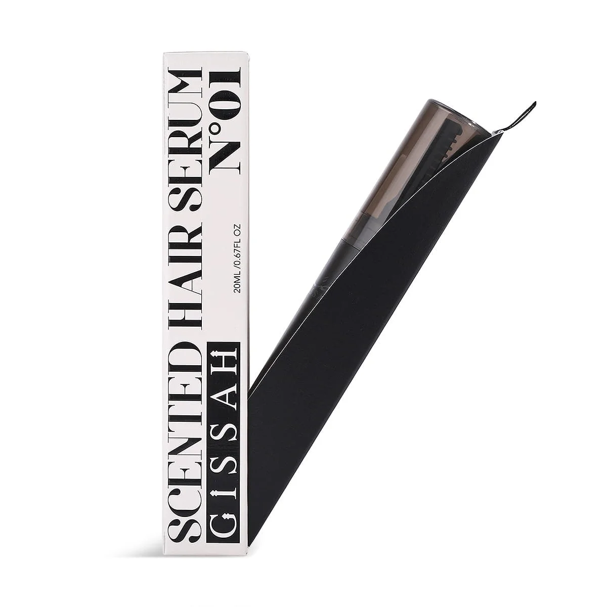 Gissah No.1 scented hair serum presented inside its case, slightly opened to reveal elegant design and packaging