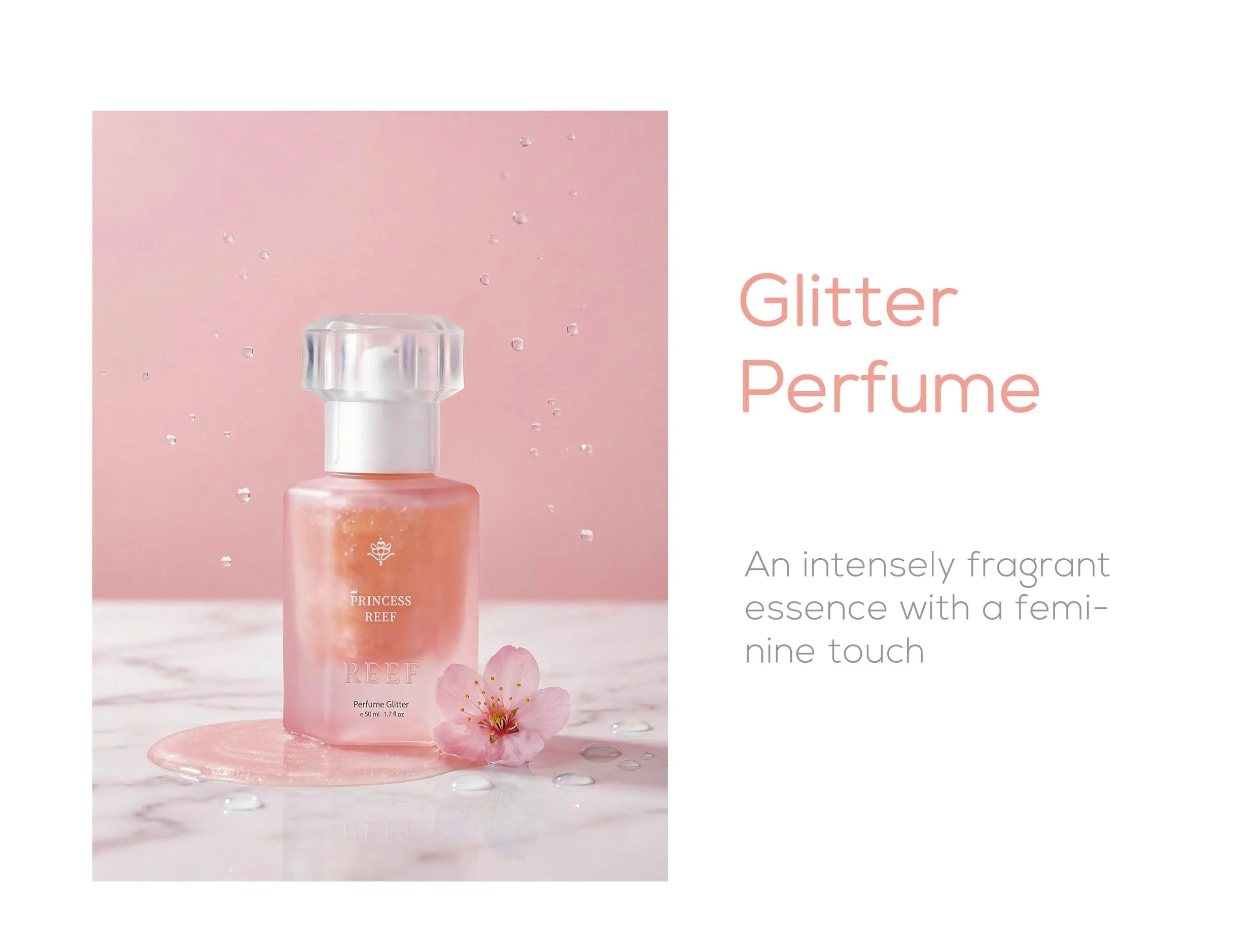 Princess Reef glitter perfume styled on pink backdrop with floral accents