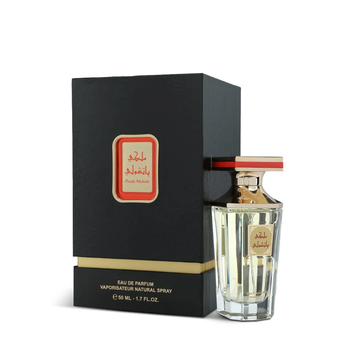 Al Majed Oud Malaki Patchouli perfume 50ml next to box, luxury fragrance UK