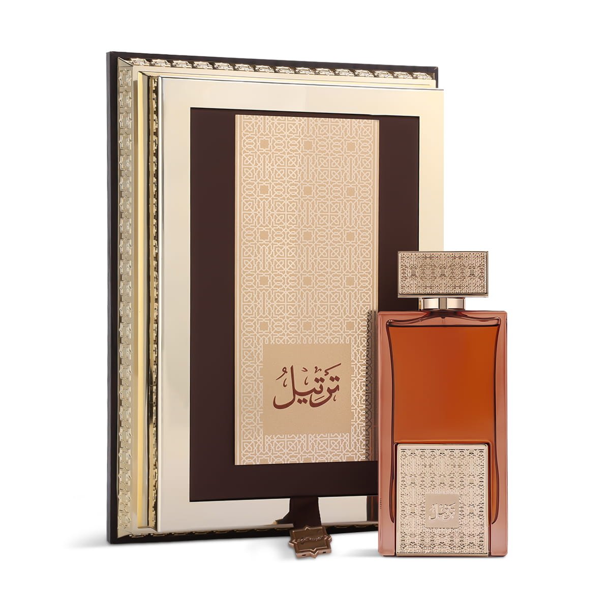 Arabian Oud Tarteel Gold Eau De Parfum 75ml positioned in front of luxury branded box UK