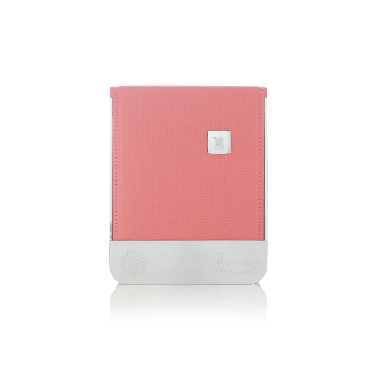 Front view of Arabian Oud Bussma Pink case with branding, luxury fragrance packaging UK