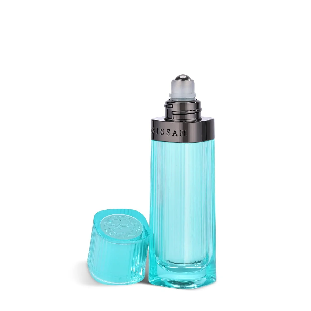 Close-up of Gissah No.3 Pure roll-on perfume with lid open, highlighting precision applicator and elegant compact design