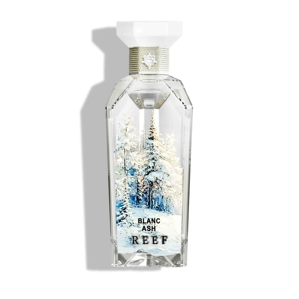 Blanc Ash Eau de Parfum by Reef Perfumes 150ml bottle displayed on a white background, showcasing its elegant minimalist design and luxurious Arabian-inspired craftsmanship.