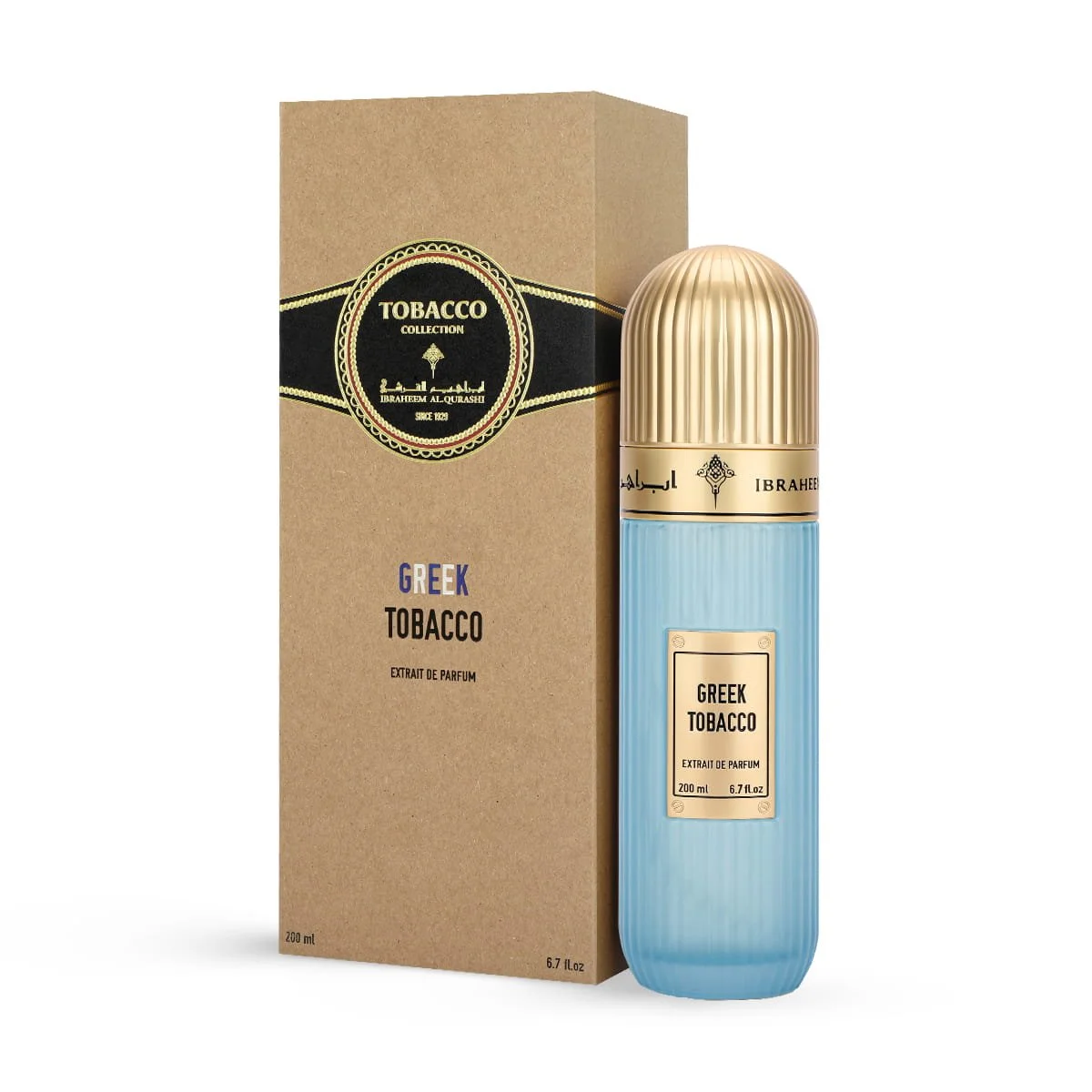 IBRAQ Greek Tobacco perfume 100ml next to box, premium niche fragrance UK
