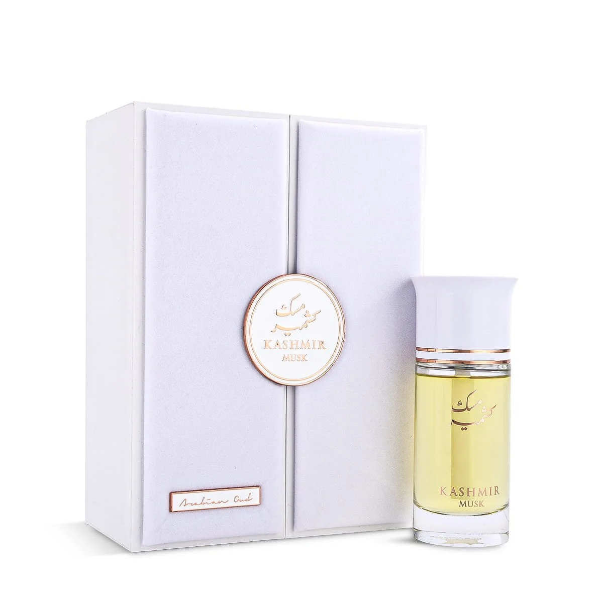 Arabian Oud Kashmir Musk 100ml perfume displayed next to luxury box, clean musky fragrance UK