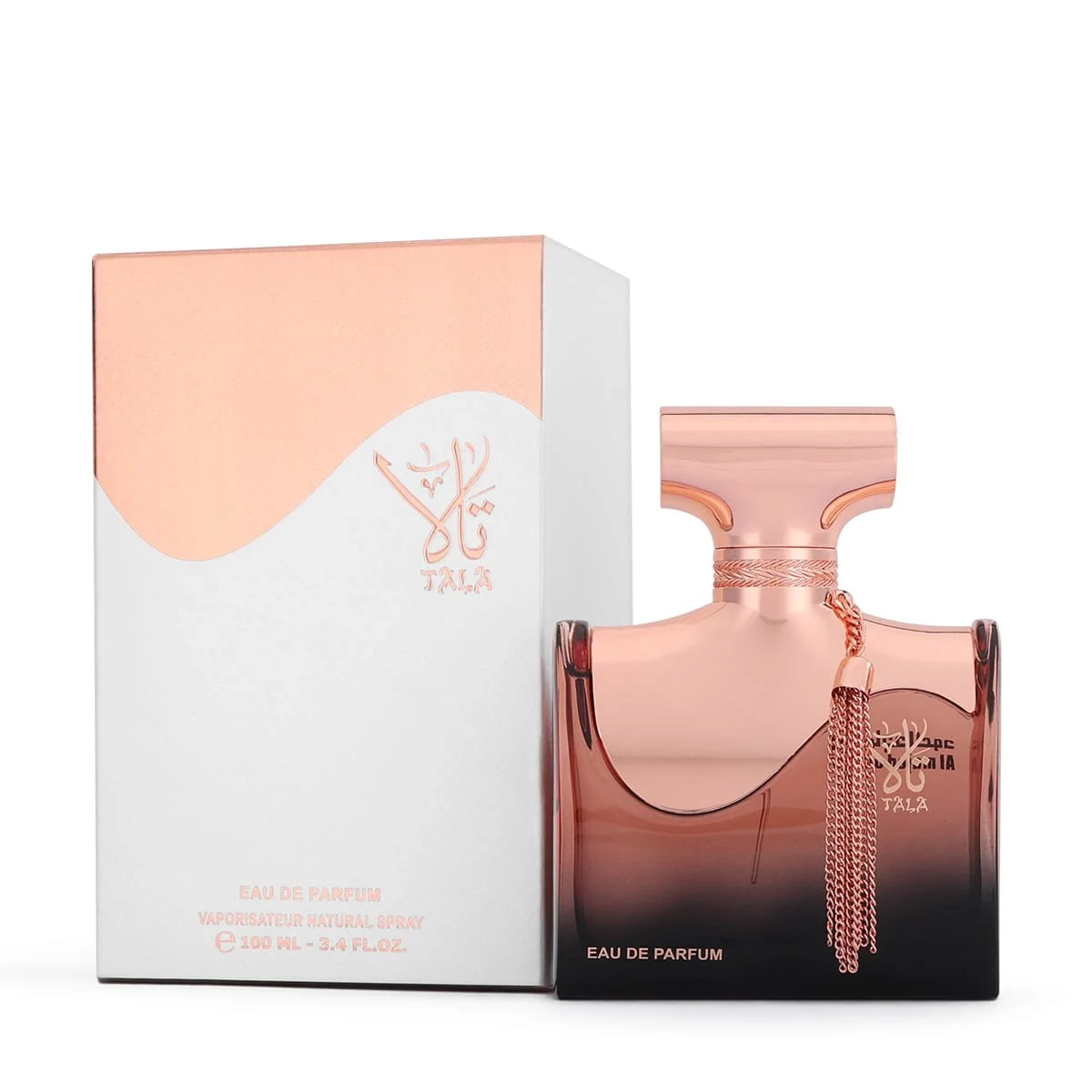 Al Majed Oud Tala perfume 100ml next to box, luxury fragrance UK