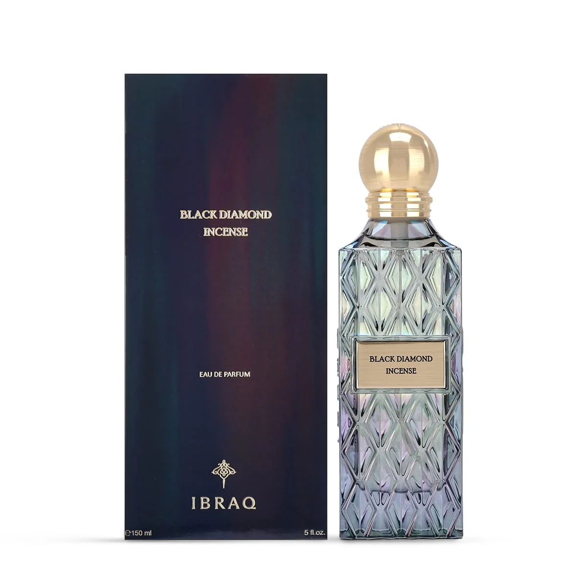 IBRAQ Black Diamond Incense perfume 150ml next to box, luxury fragrance UK