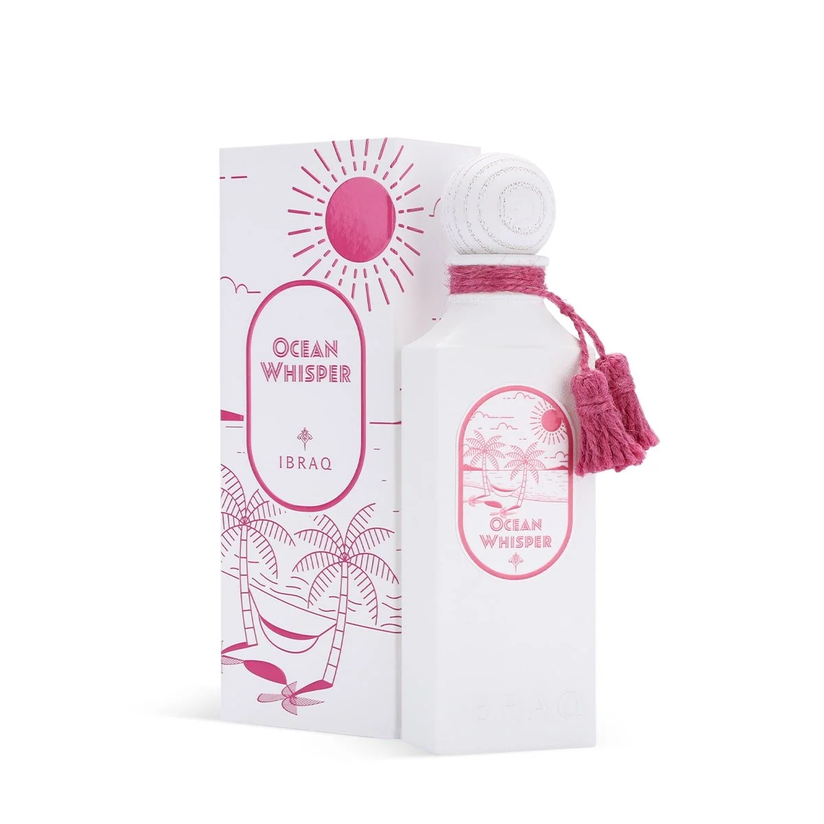 Ocean Whisper by Ibraheem Al Qurashi perfume bottle positioned beside its box, highlighting refined presentation.