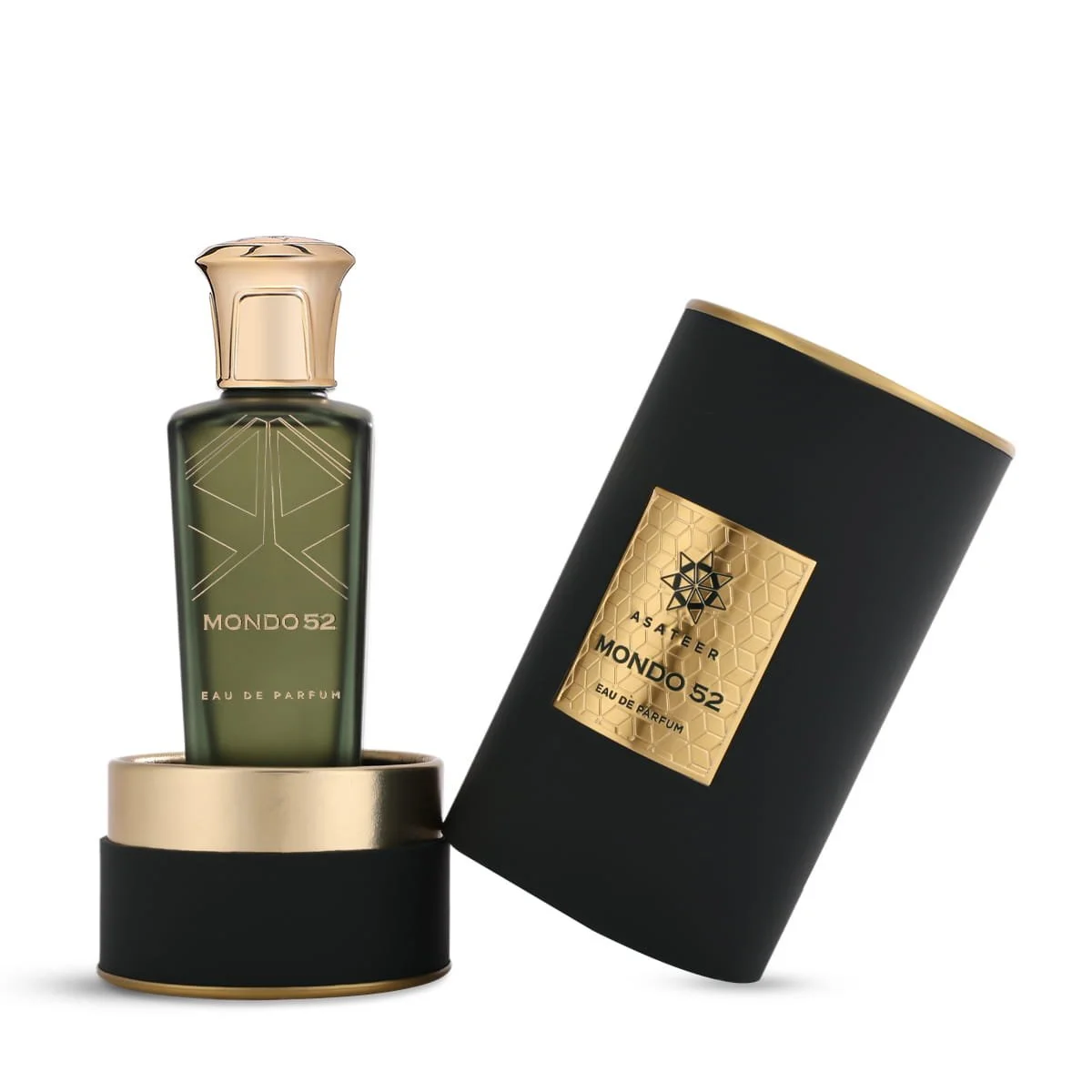 Asateer Mondo 52 Eau De Parfum inside opened luxury presentation box UK