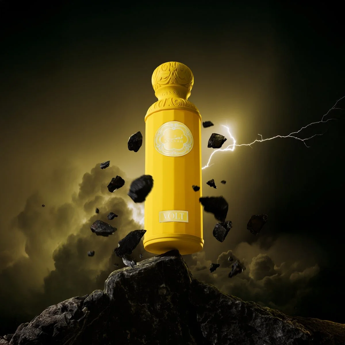 Gissah VOLT perfume shot from below on rocky surface with dark clouds and thunder – bold and fresh unisex perfume – Al Rashid Galleria UK